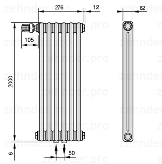 Схема (чертеж) Радиатор Zehnder Charleston 2200/6 №V007 Белый глянцевый RAL 9016